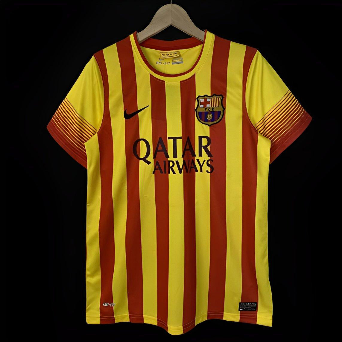FC Barcelona 2013/14 away kit front view with yellow and red stripes