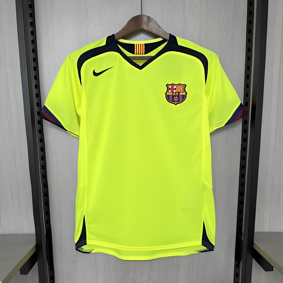 FC Barcelona Away Jersey 2005/06 front view in fluorescent yellow with navy detailing