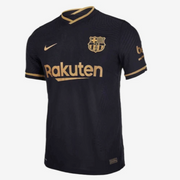 FC Barcelona Away Jersey 2020/21 front view with black design gold trim and Rakuten sponsor