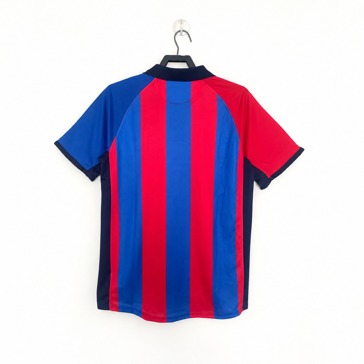 FC Barcelona Home Jersey 2001/02 back view with red and blue vertical stripes, dark collar and dark side panels
