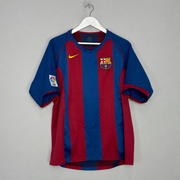 FC Barcelona Home Jersey 2004/05 front view with blue and red vertical stripes and club crest