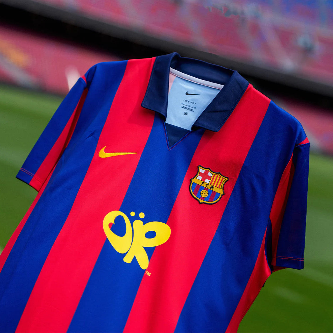 FC Barcelona x Olivia Rodrigo 2003/04 jersey front view with red and blue stripes