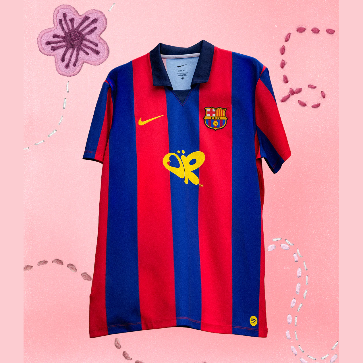 FC Barcelona x Olivia Rodrigo 2003/04 jersey front view with red and blue stripes pink