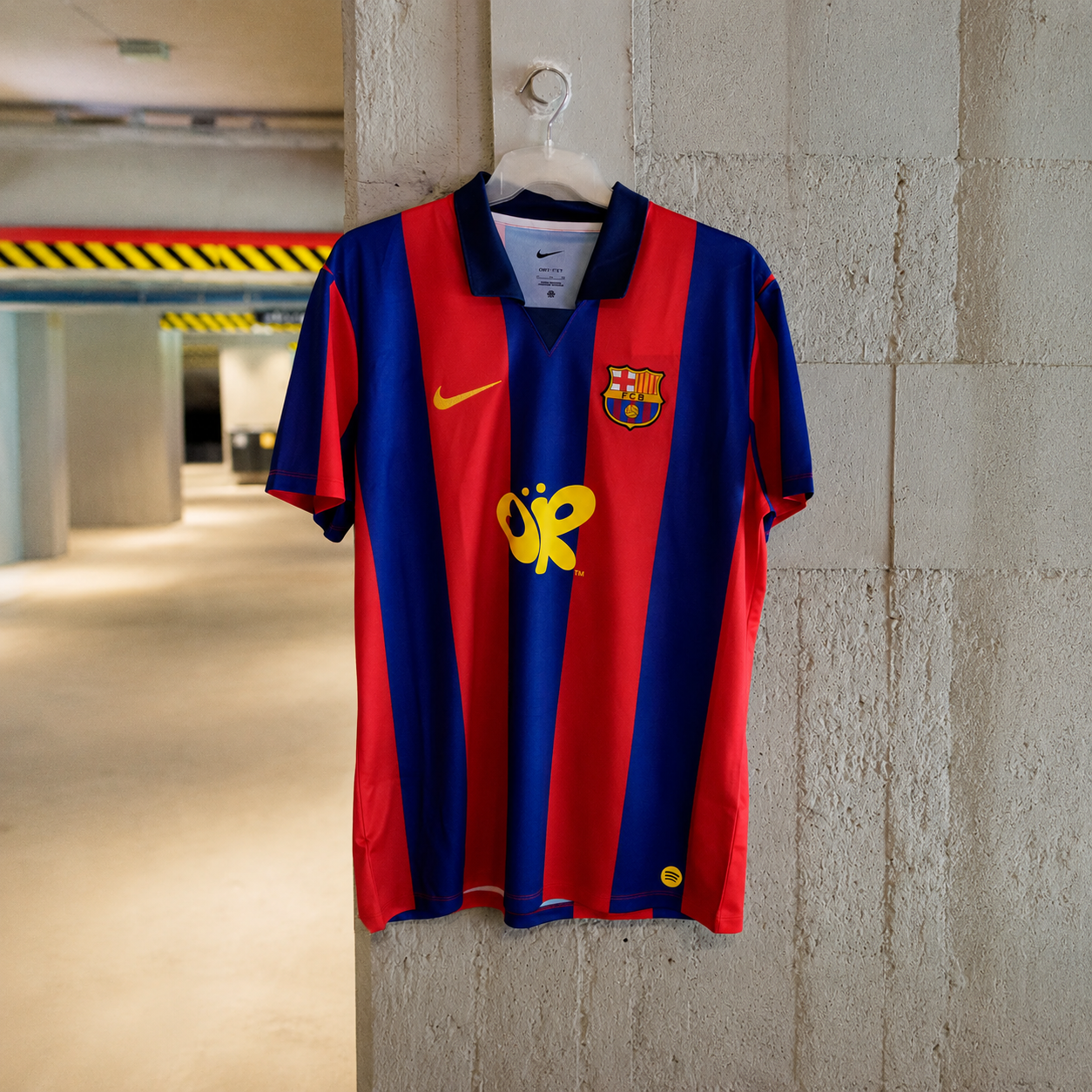 FC Barcelona x Olivia Rodrigo 2003/04 jersey front view with red and blue stripes