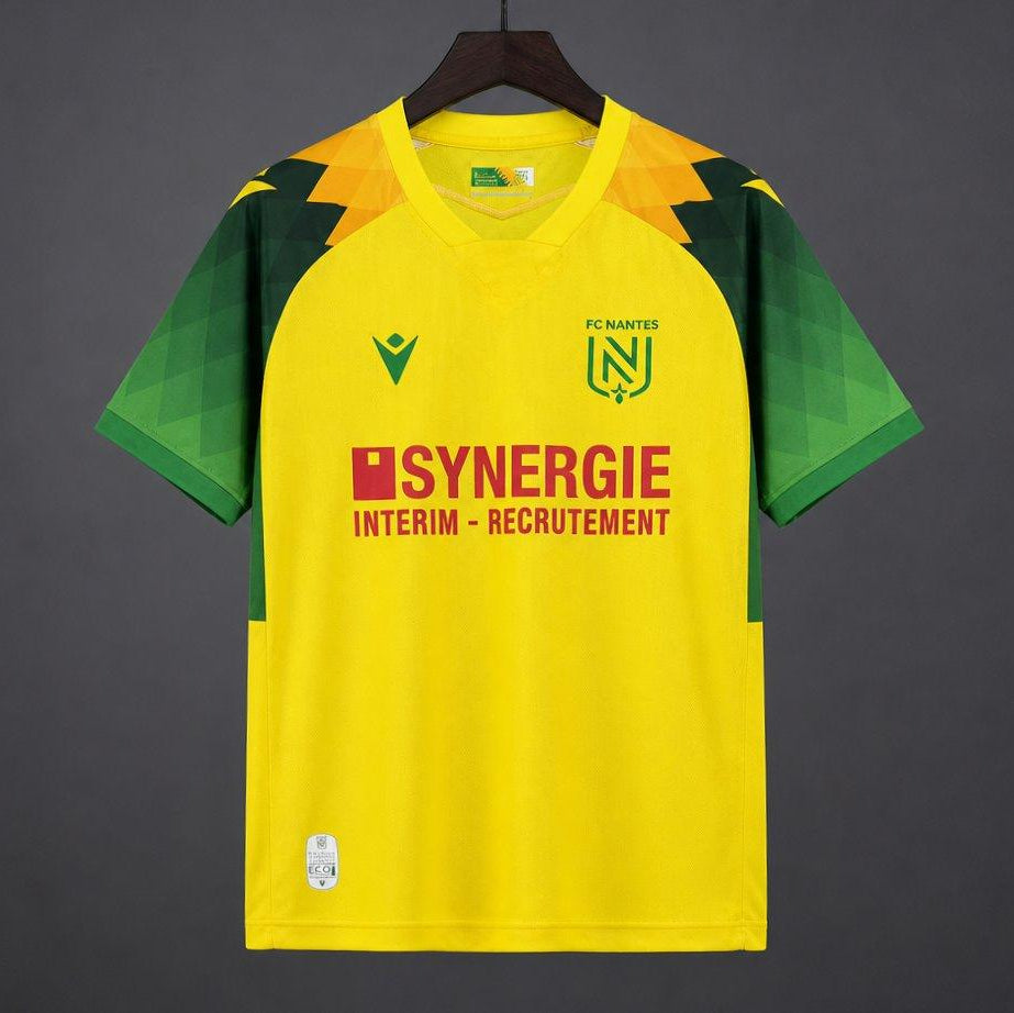 FC Nantes Home Jersey 2026/27 front view with yellow base green geometric sleeves and Synergie sponsor