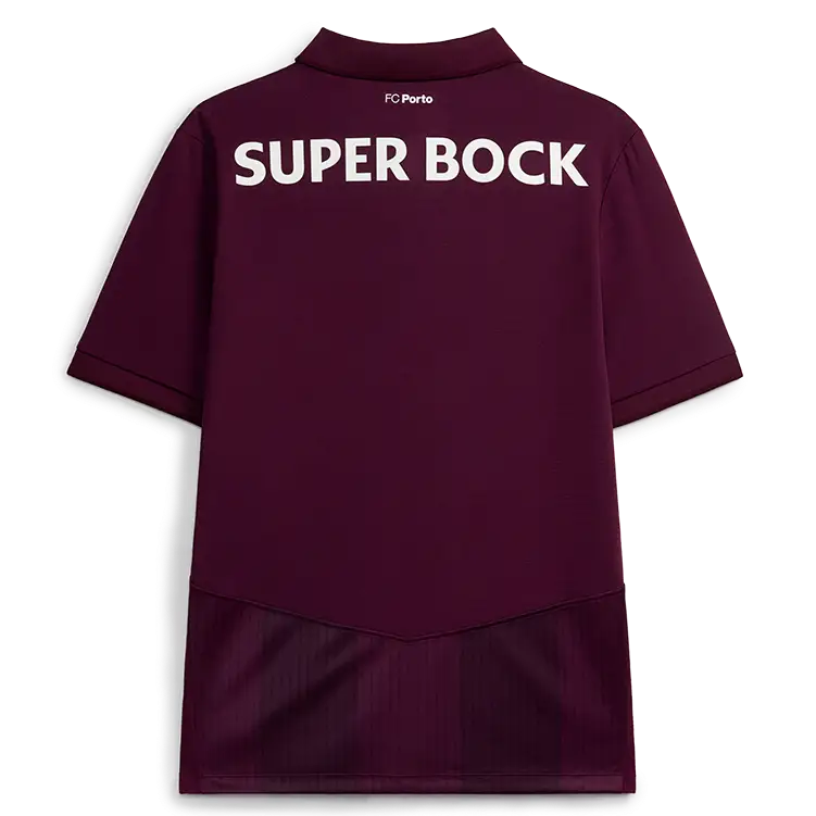 FC Porto Away Jersey 2026/27 back view with burgundy base and Super Bock print