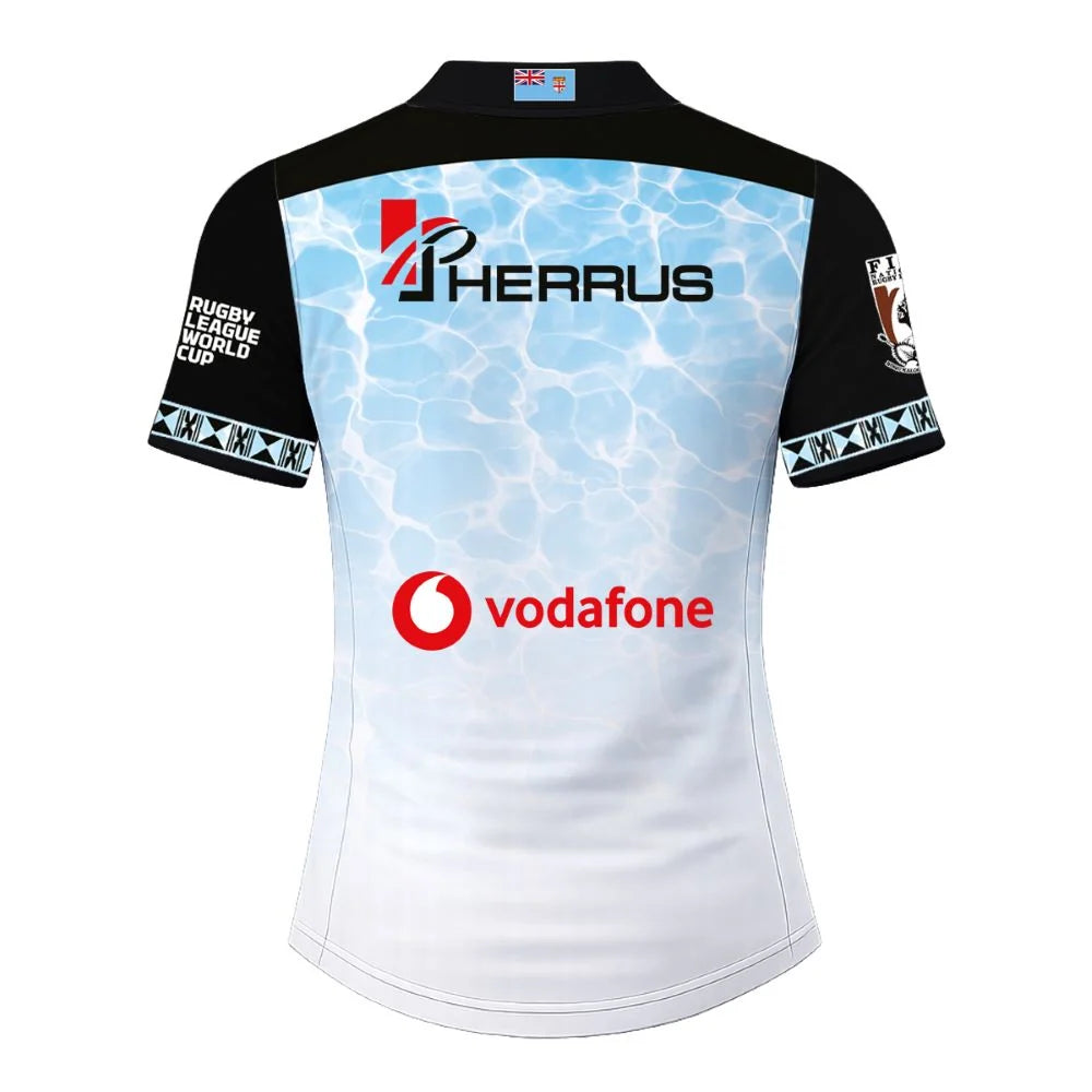 Fiji Bati Rugby League World Cup 2026 Home Jersey back view, light blue water pattern with black sleeves and sponsor graphics
