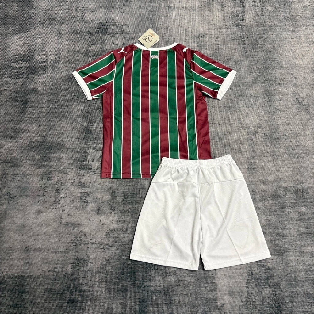 Fluminense Home Jersey 2026 Kids Set front view with burgundy and green striped jersey