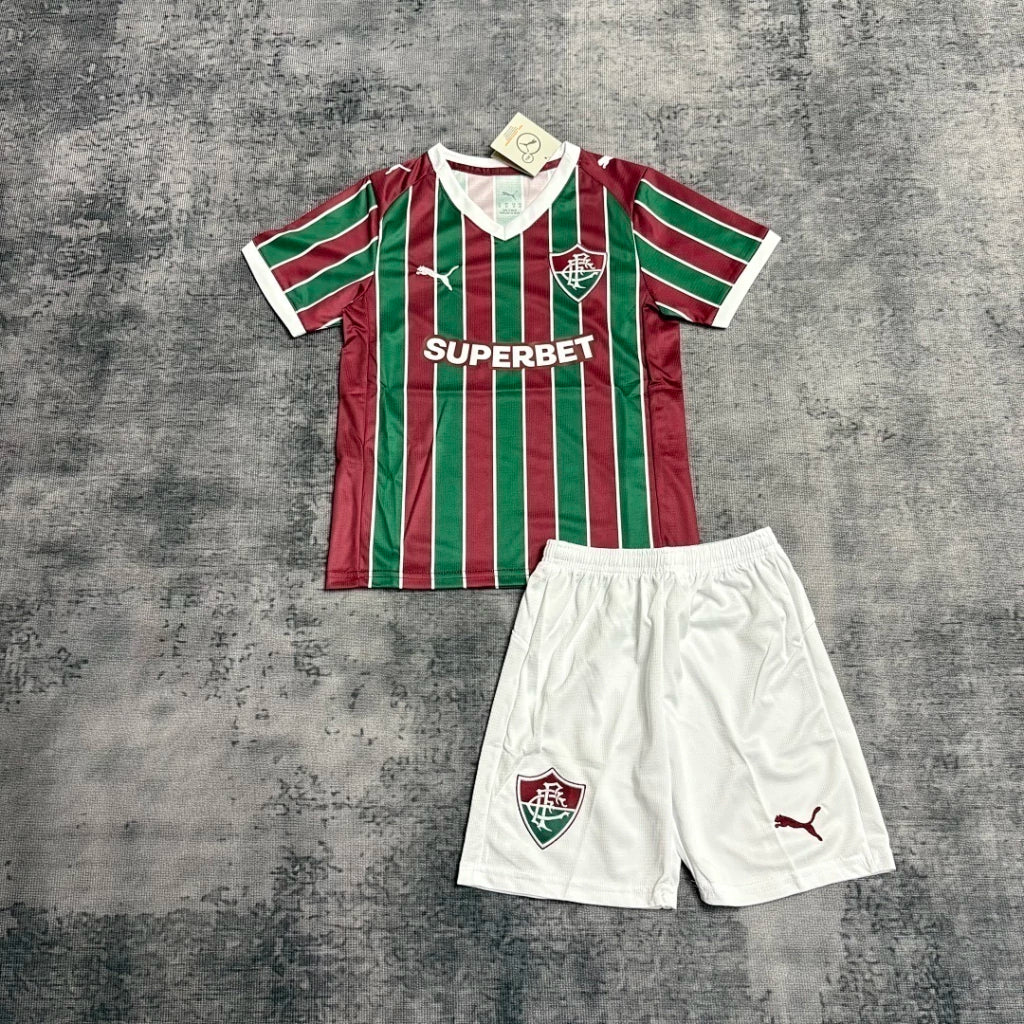 Fluminense Home Jersey 2026 Kids Set front view with burgundy and green striped jersey