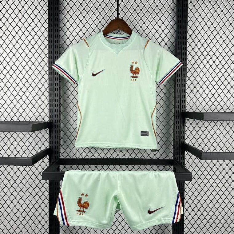 France Away Jersey 2026 Kids Set front view with light mint jersey and matching shorts
