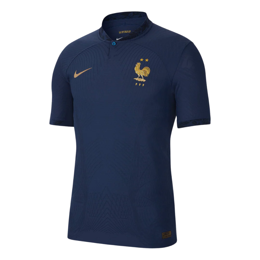 France Home Jersey 2022 front view with navy design gold Nike logo and two-star crest