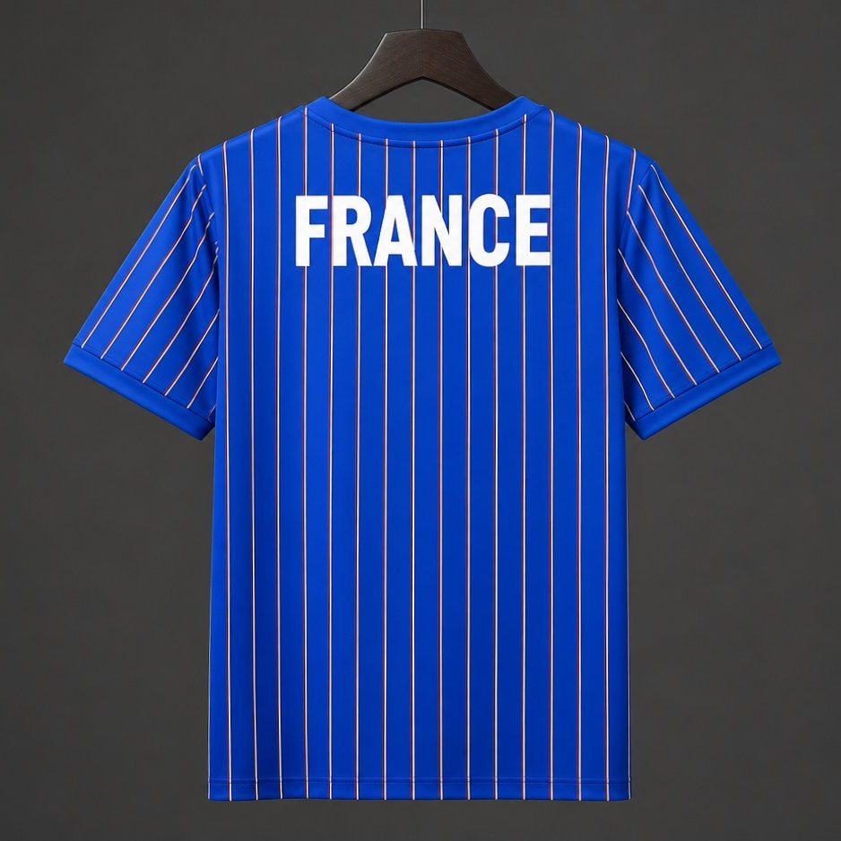 France x Jacquemus Special Edition Jersey 2006 back view in royal blue with thin vertical stripes and bold FRANCE lettering
