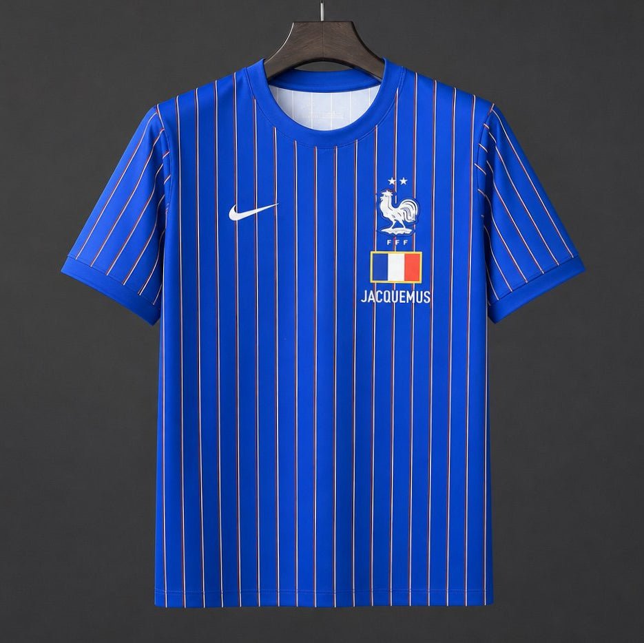 France x Jacquemus Special Edition Jersey 2006 front view in royal blue with thin vertical stripes, national crest and special edition chest detail