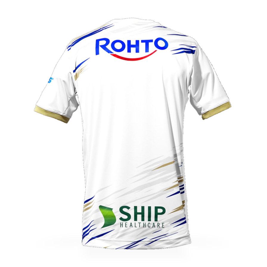 Gamba Osaka Away Jersey 2026/27 back view in white with blue and gold lower graphic details and sponsor logos