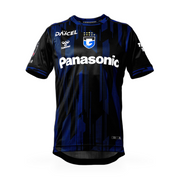 Gamba Osaka Home Jersey 2026/27 front view in black with electric blue vertical graphics, club crest and Panasonic sponsor