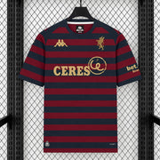 Genoa CFC Third Jersey 2026/27 front view with navy and burgundy horizontal stripes, gold details, club crest and sponsor
