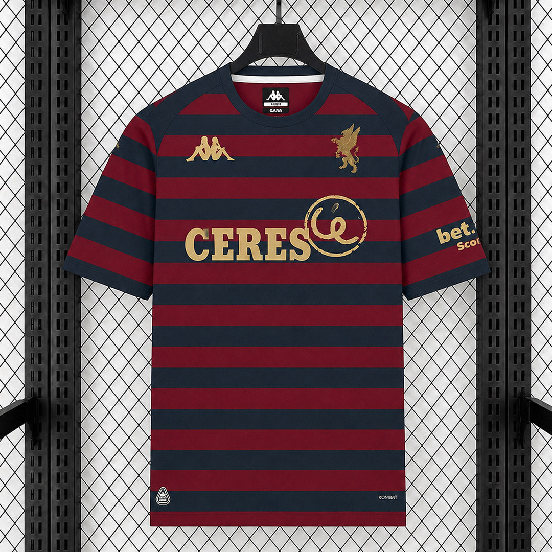 Genoa CFC Third Jersey 2026/27 front view with navy and burgundy horizontal stripes, gold details, club crest and sponsor