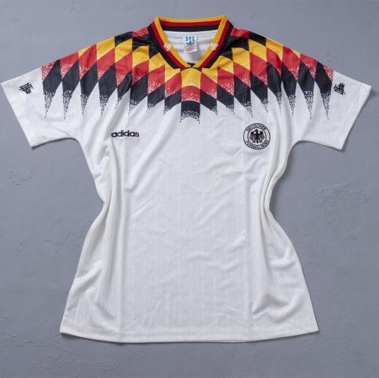 Germany Home Jersey 1994 front view with white base and black red gold chest graphic