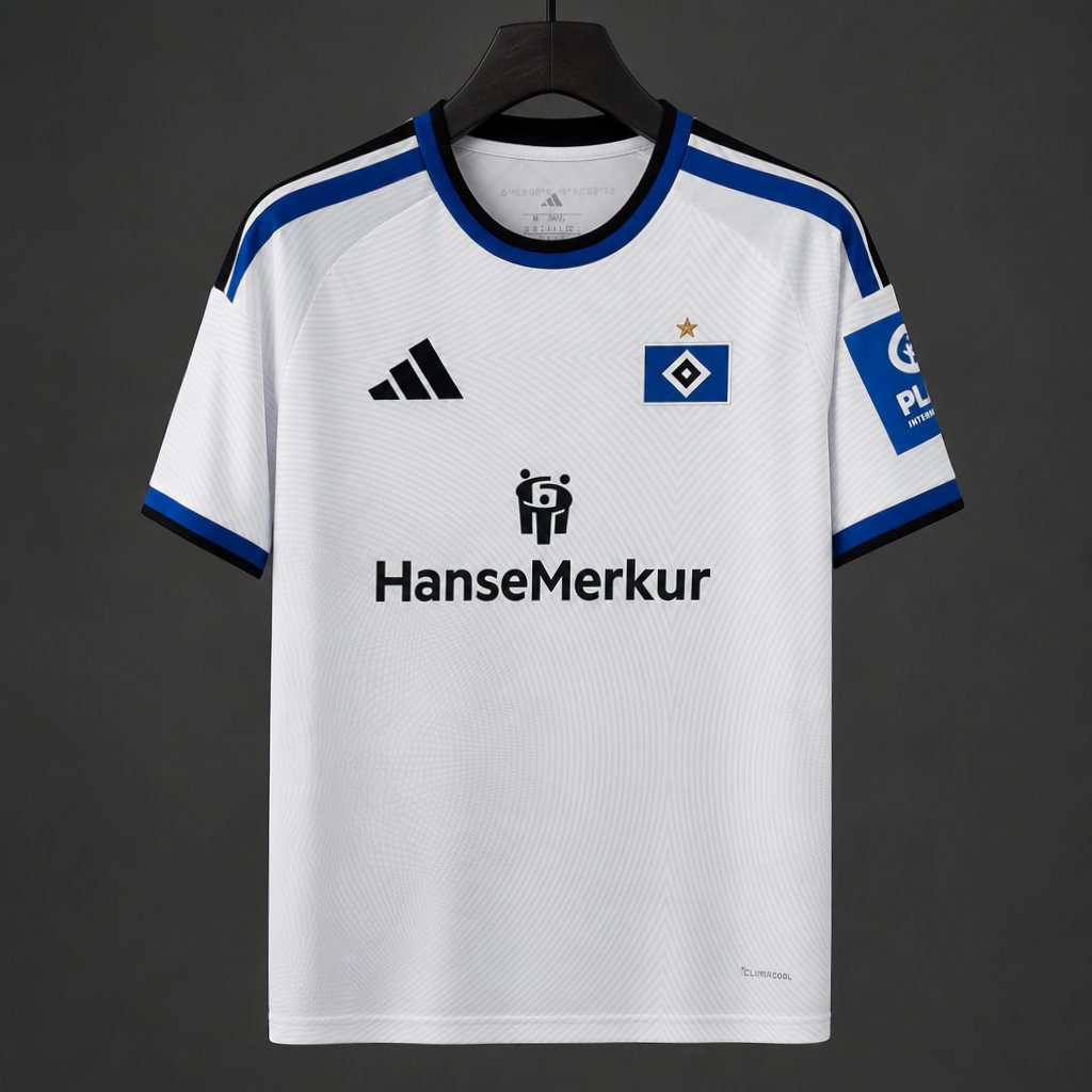 Hamburger SV Home Jersey 2026/27 front view in white with blue and black detailing