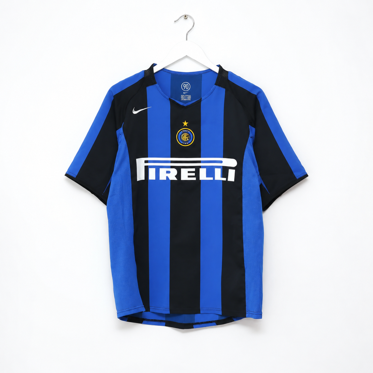 Inter Milan Home Jersey 2004/05 front view with black and blue stripes and sponsor detail