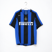 Inter Milan Home Jersey 2004/05 front view with black and blue stripes and sponsor detail