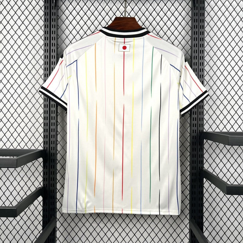 Japan Away Jersey 2026 back view with white base and multicolour vertical stripe detailing