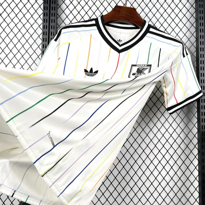 Japan Away Jersey 2026 front draped view showing multicolour vertical stripes and overall front design