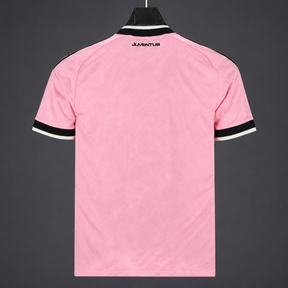 Juventus Away Jersey 2026/27 back view in pink with black and white sleeve and collar details