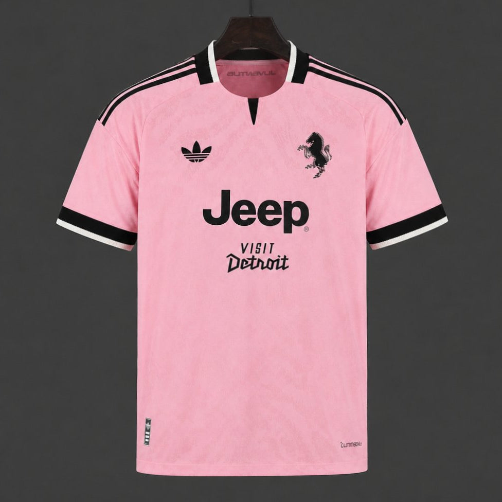 Juventus Away Jersey 2026/27 front view in pink with black and white trim, Juventus crest and Jeep sponsor