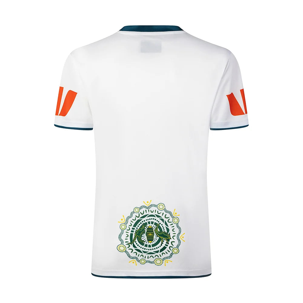 Australia Kangaroos Rugby League World Cup 2026 Indigenous Jersey back view, white with orange sleeve panels and circular Indigenous artwork on the lower back