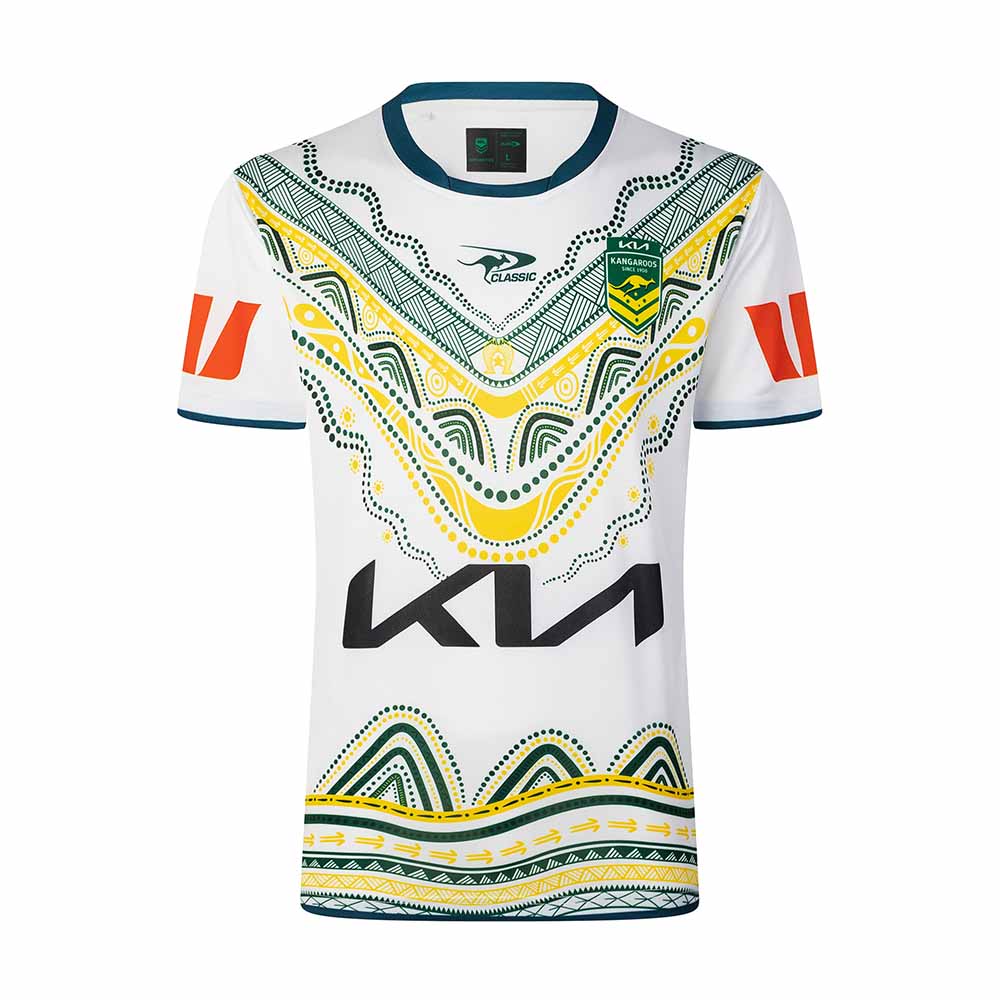 Australia Kangaroos Rugby League World Cup 2026 Indigenous Jersey front view, white with green and gold Indigenous artwork, Kangaroos crest and KIA sponsor