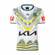 Australia Kangaroos Rugby League World Cup 2026 Indigenous Jersey front view, white with green and gold Indigenous artwork, Kangaroos crest and KIA sponsor