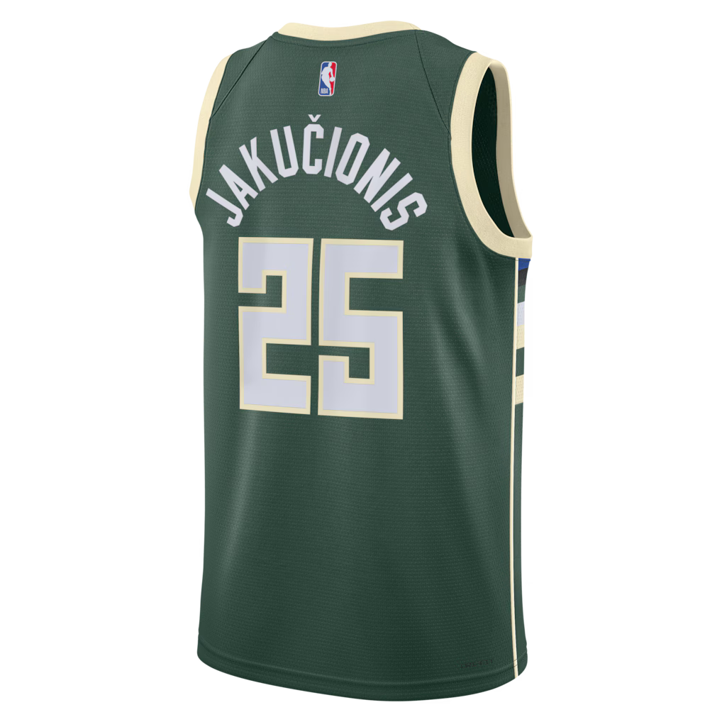 Kasparas Jakučionis Milwaukee Bucks Icon Edition Swingman Jersey back view