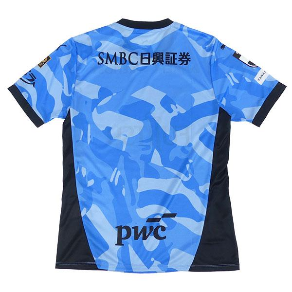 Kawasaki Frontale Home Jersey 2026/27 back view in light blue camouflage pattern with navy side panels and sponsor details