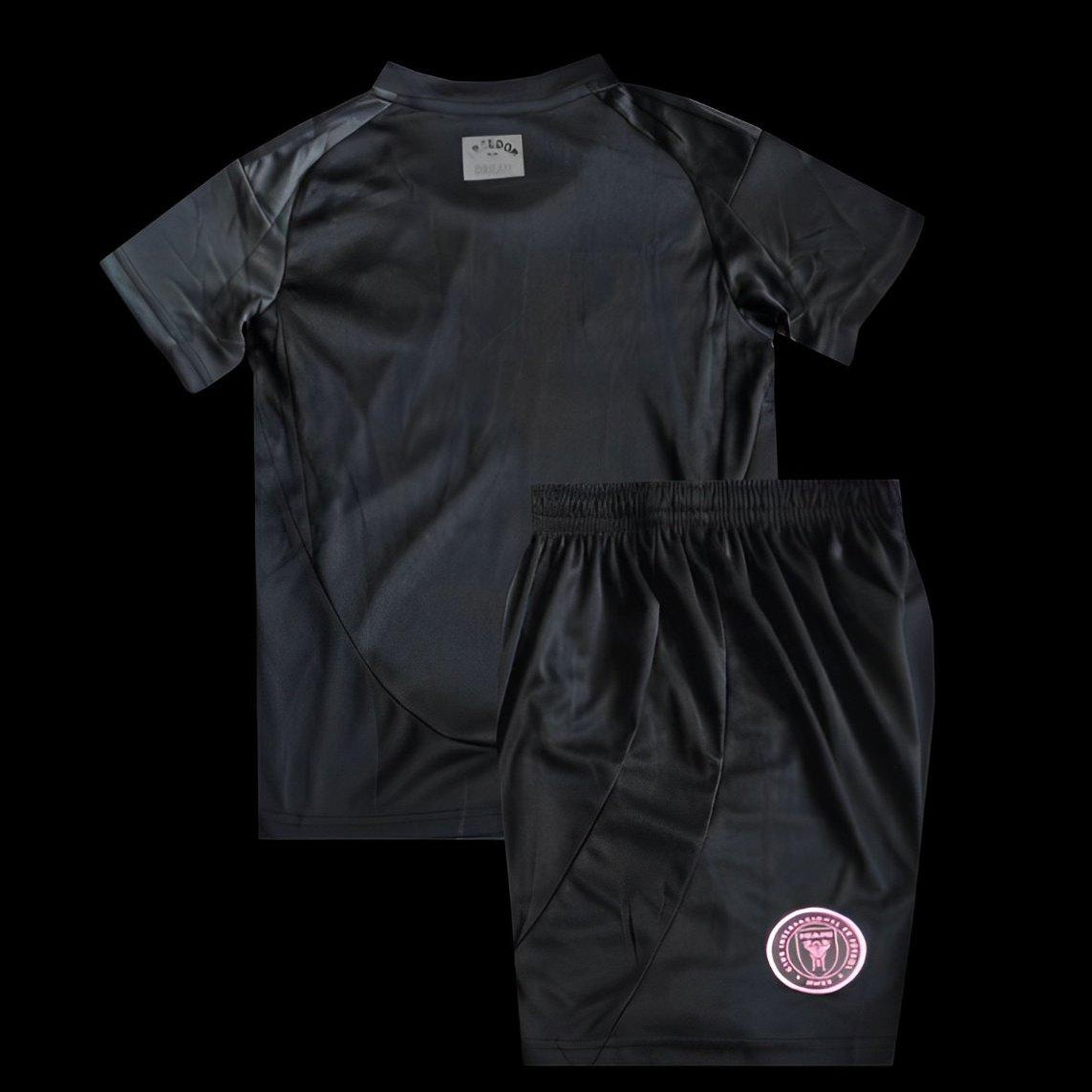 Kids Inter Miami 2025/26 away jersey black pink football kit back view
