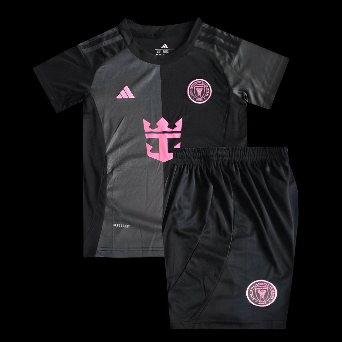 Kids Inter Miami 2025/26 away jersey black pink football kit front view
