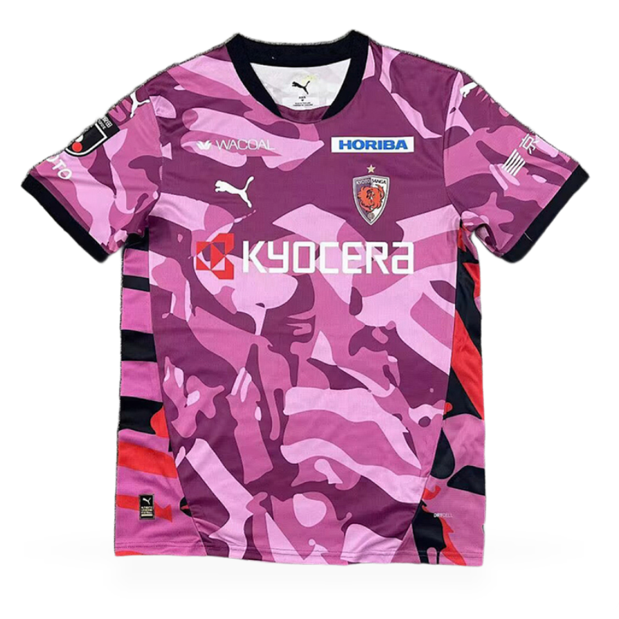 Kyoto Sanga Home Jersey 2026/27 front view with purple and pink camouflage graphic, black trim, club crest and Kyocera sponsor