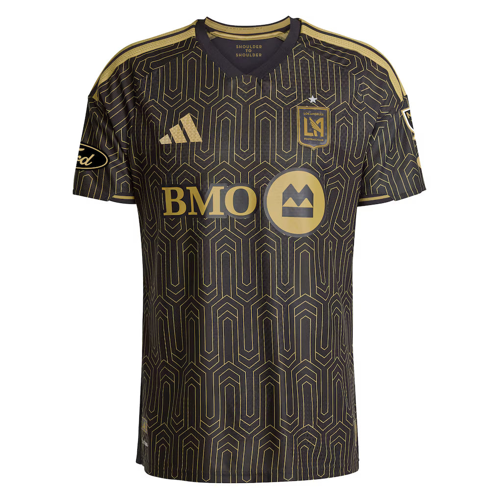LAFC Home Jersey 2026/27 front view with black base gold geometric pattern and BMO sponsor