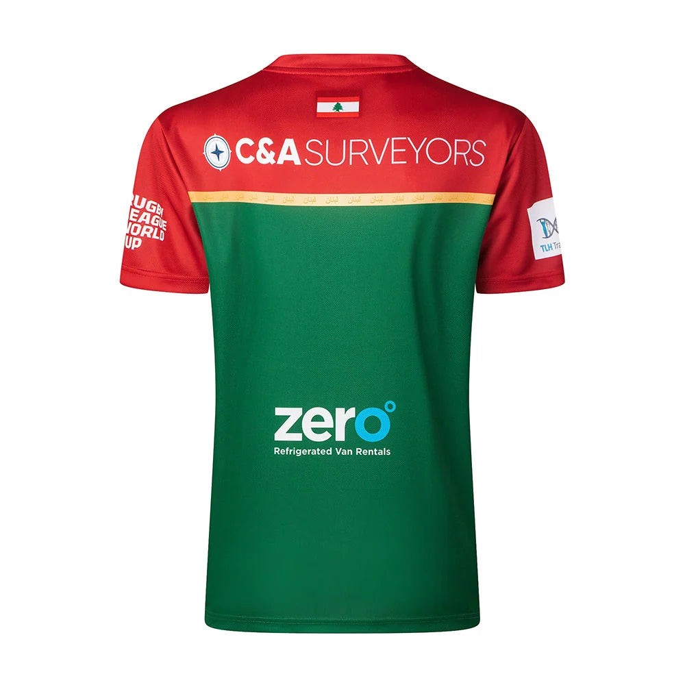 Lebanon Cedars Rugby League World Cup 2026 Home Jersey back view, red and green with sponsor graphics