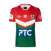 Lebanon Cedars Rugby League World Cup 2026 Home Jersey front view, red and green with gold-trimmed white chevron, Cedars crest and PTC sponsor