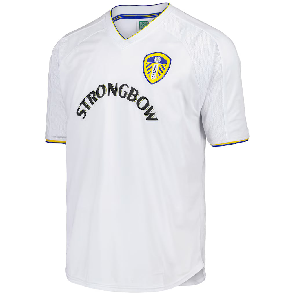 Leeds United 2001 retro football shirt white with Strongbow sponsor front view
