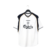 Liverpool Away Jersey 2001/02 front view in white with navy shoulder panels, gold piping, club crest and Carlsberg sponsor