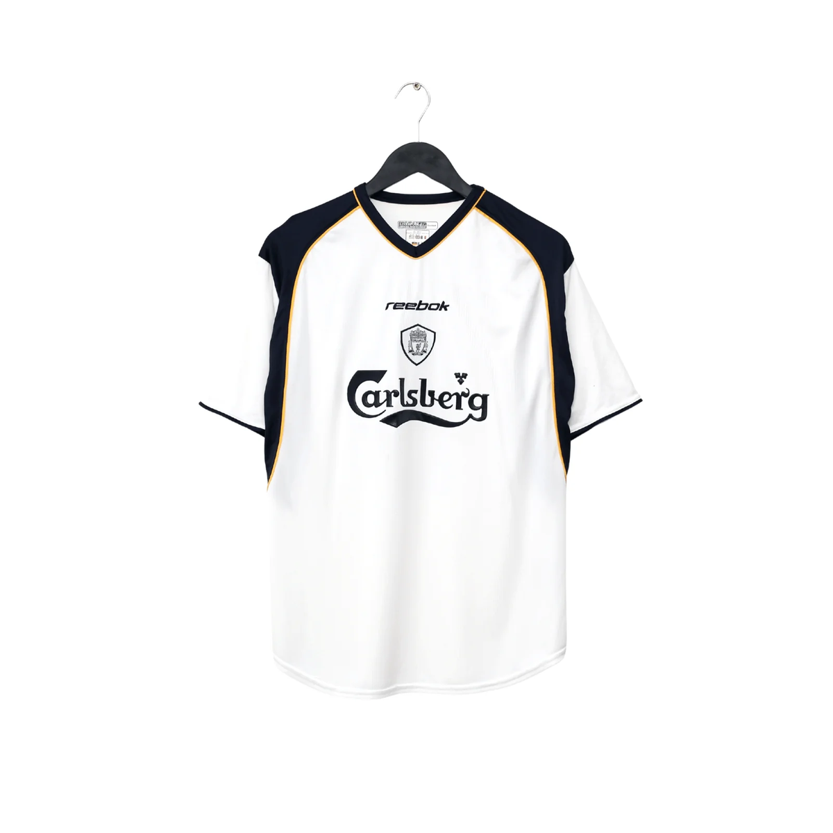 Liverpool Away Jersey 2001/02 front view in white with navy shoulder panels, gold piping, club crest and Carlsberg sponsor