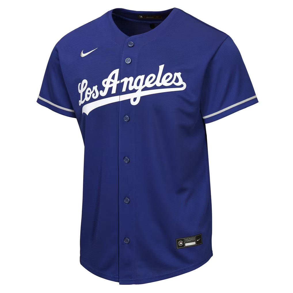Los Angeles Dodgers Home Jersey blue front view with white Los Angeles script, button front and white sleeve trim
