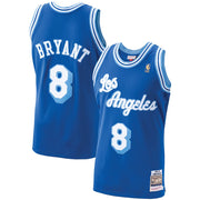 Los Angeles Lakers 1996/97 Kobe Bryant #8 Swingman Jersey shown from the front and back in royal blue with white and light blue detailing