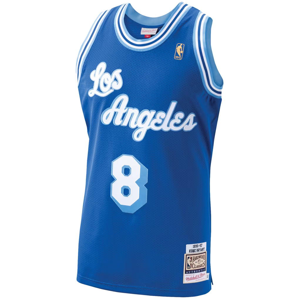 Los Angeles Lakers 1996/97 Kobe Bryant #8 Swingman Jersey front view in royal blue with Los Angeles script and number 8