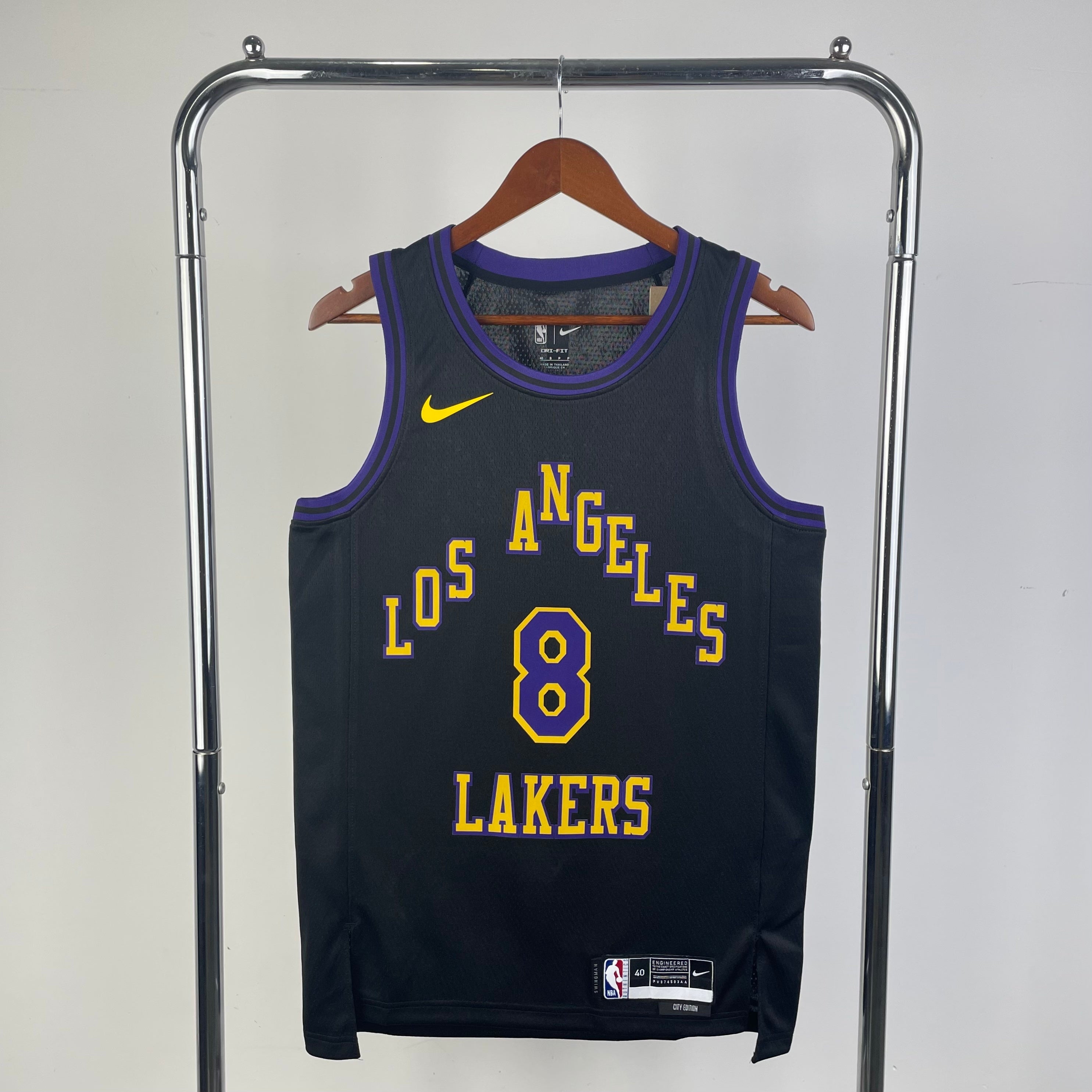 Los Angeles Lakers 2025/26 City Edition swingman jersey Kobe Bryant number 8 black purple gold front and back view