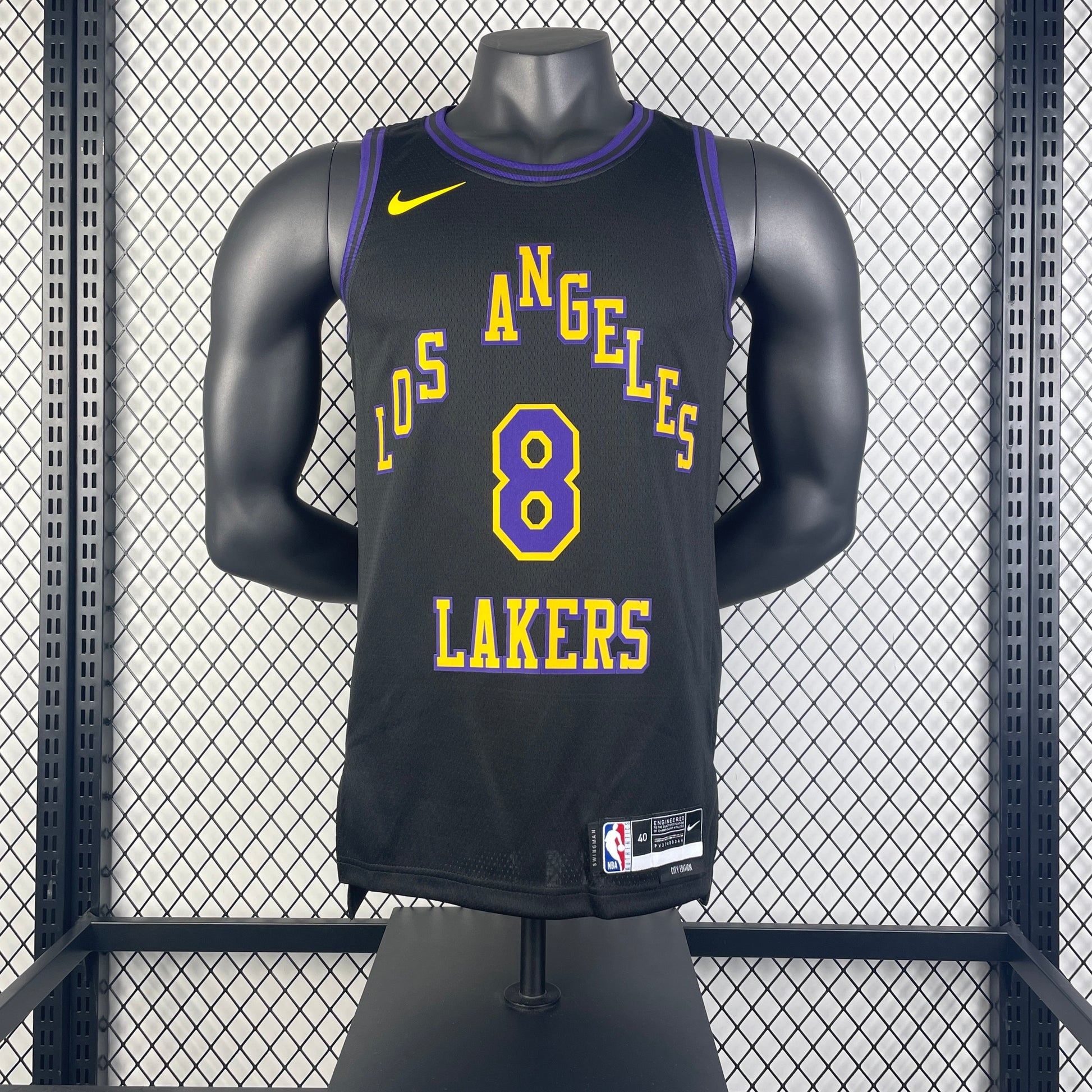 Los Angeles Lakers 2025/26 City Edition swingman jersey Kobe Bryant number 8 black purple gold front and back view
