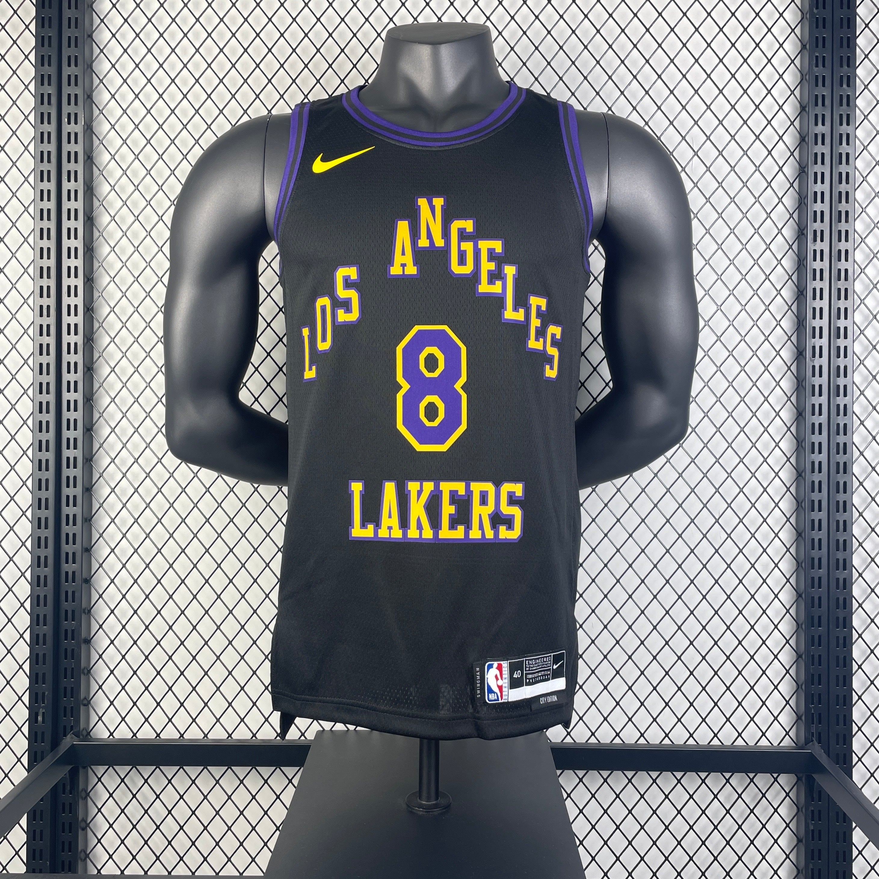 Los Angeles Lakers 2025/26 City Edition swingman jersey Kobe Bryant number 8 black purple gold front and back view