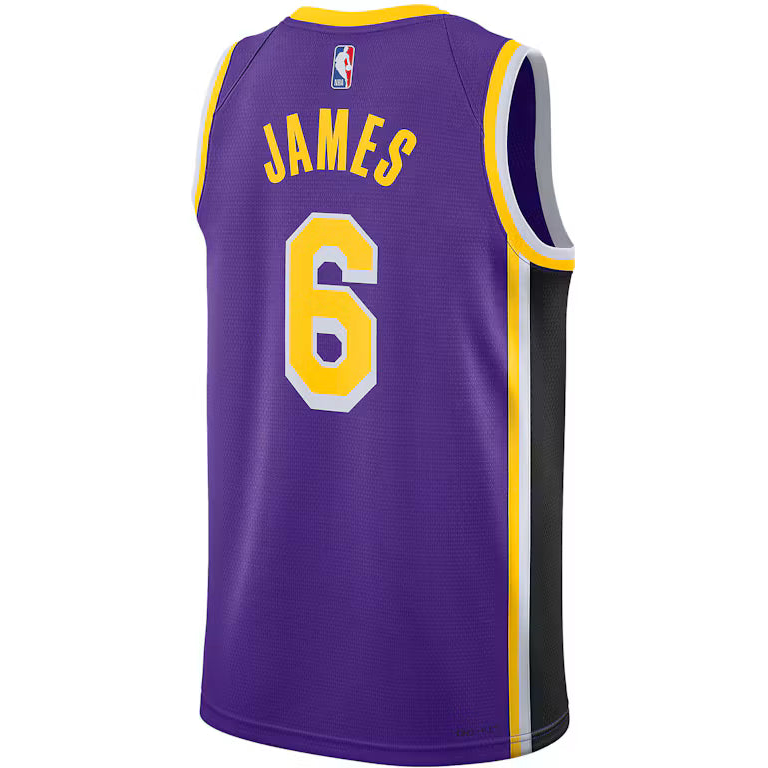 Los Angeles Lakers LeBron James #6 Jersey back view in purple with James name, number 6 and black side panels
